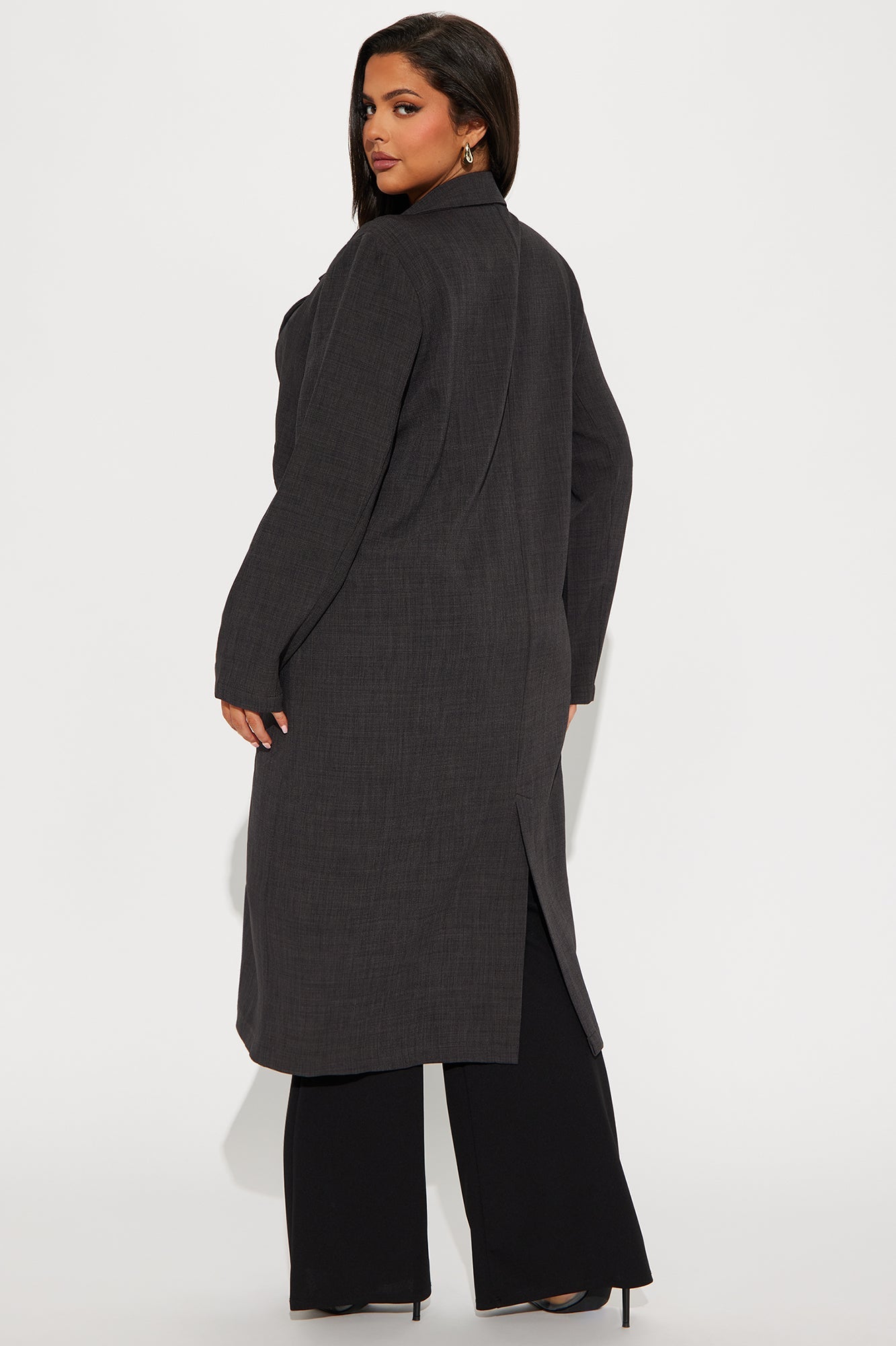 Charcoal trench coat for women with a stylish back slit and tailored design, perfect for layering