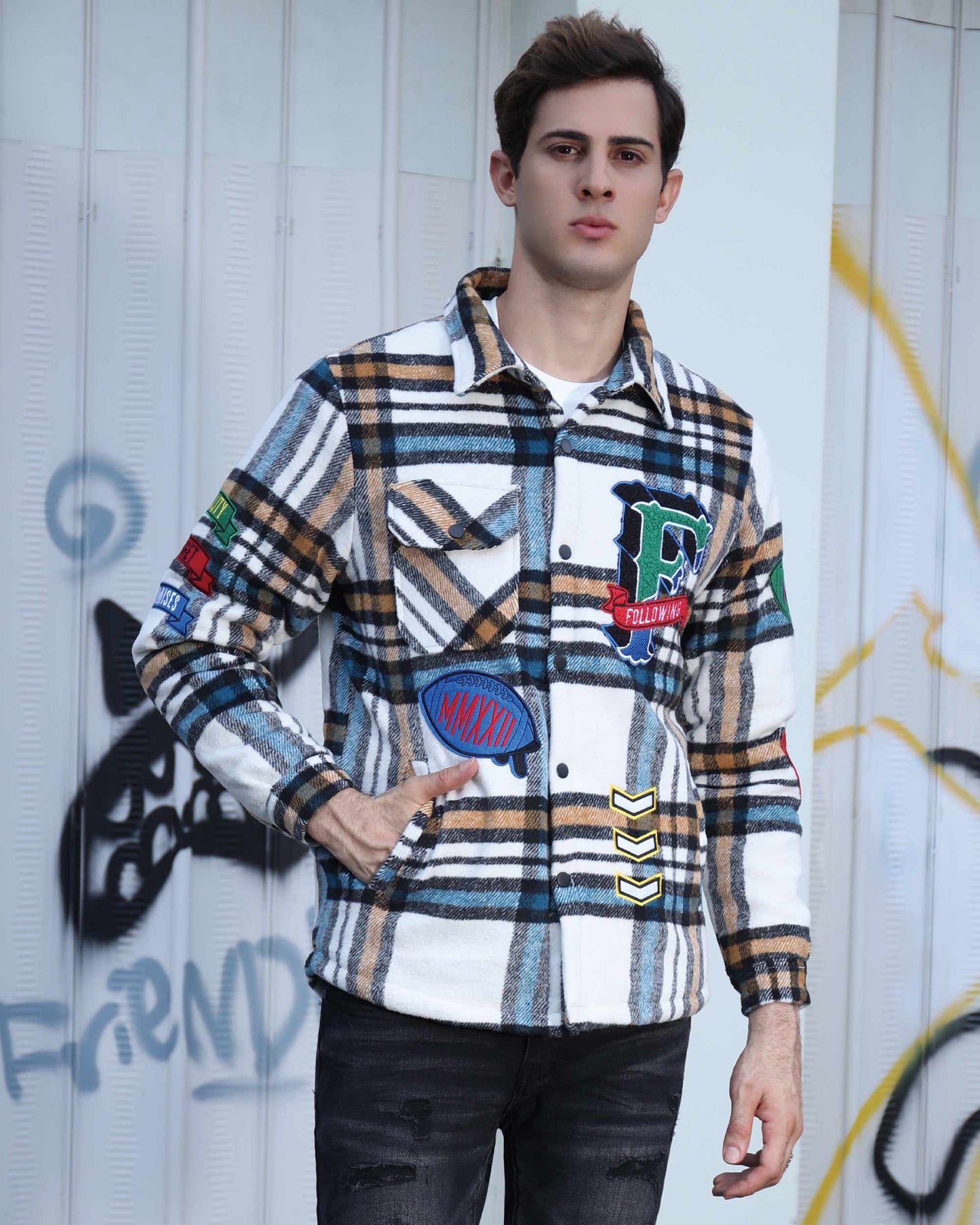 Logeqi checkered plaid moto jacket with colorful patches and stylish design for men