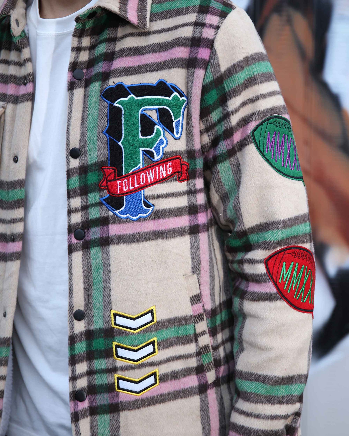 Logeqi checkered plaid moto jacket with colorful patches and stylish design for a trendy look
