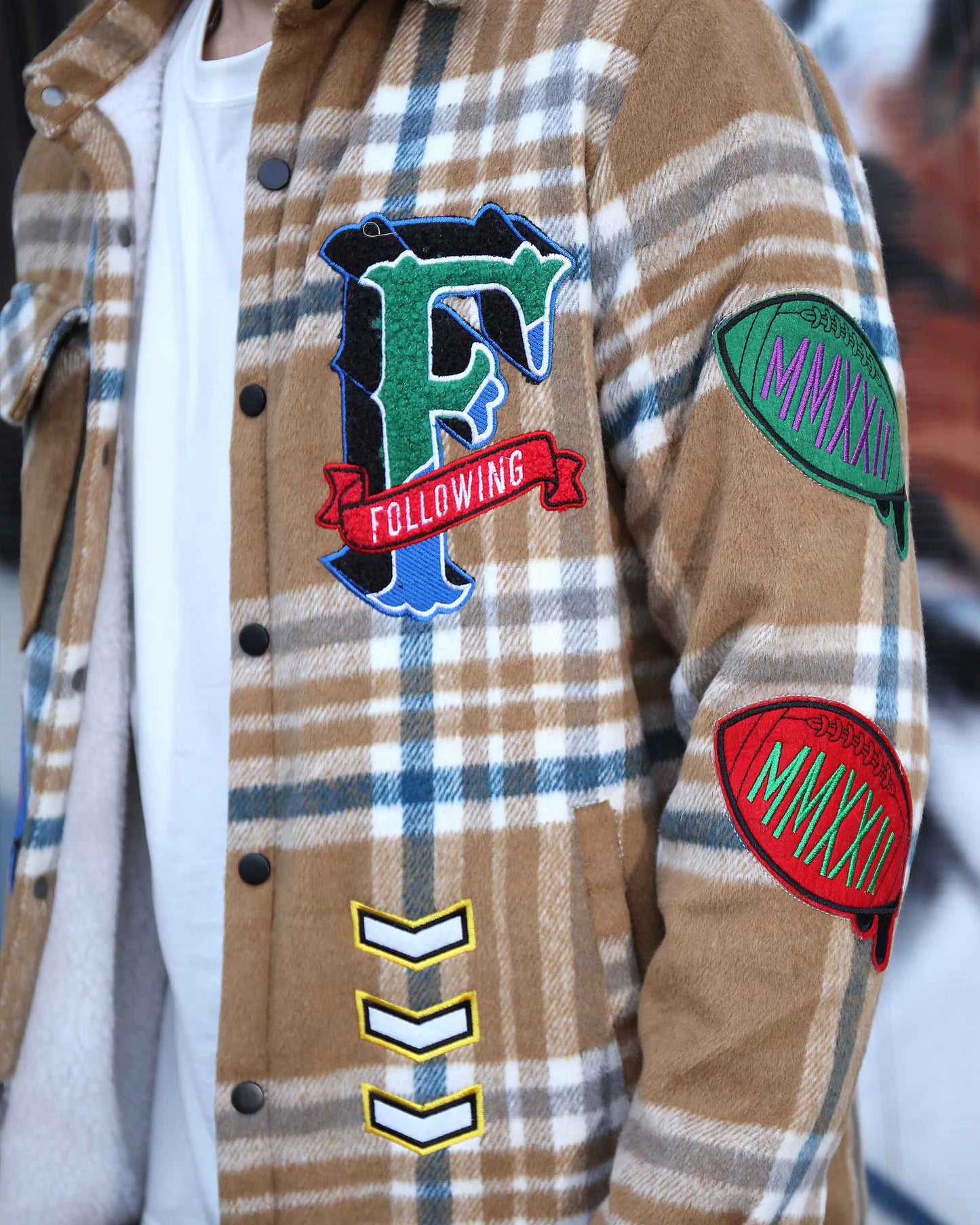 Logeqi checkered plaid moto jacket with colorful patches and a trendy design for casual wear