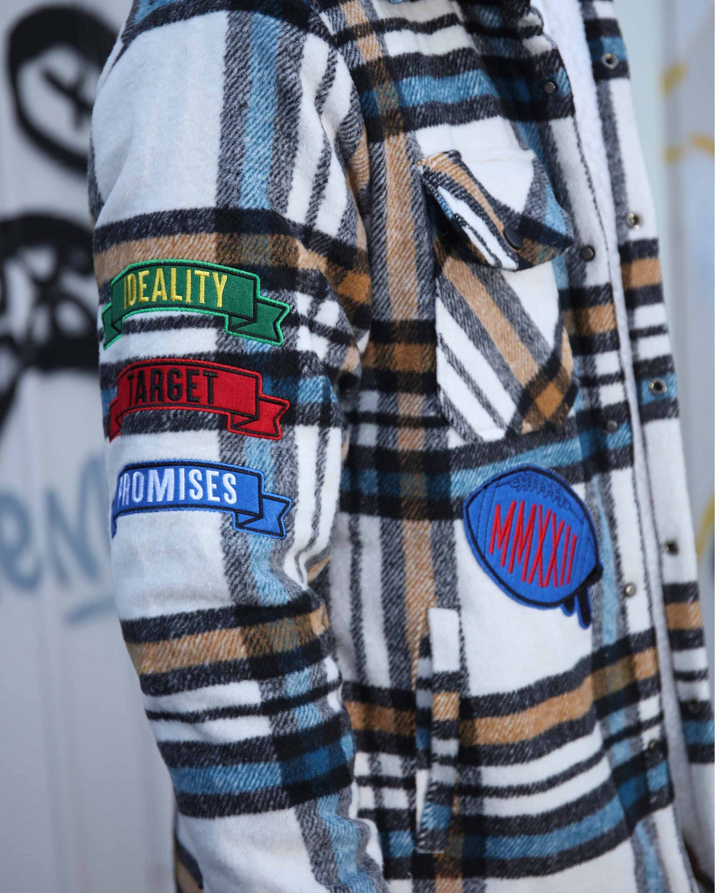 Logeqi checkered plaid moto jacket with colorful patches and a stylish design