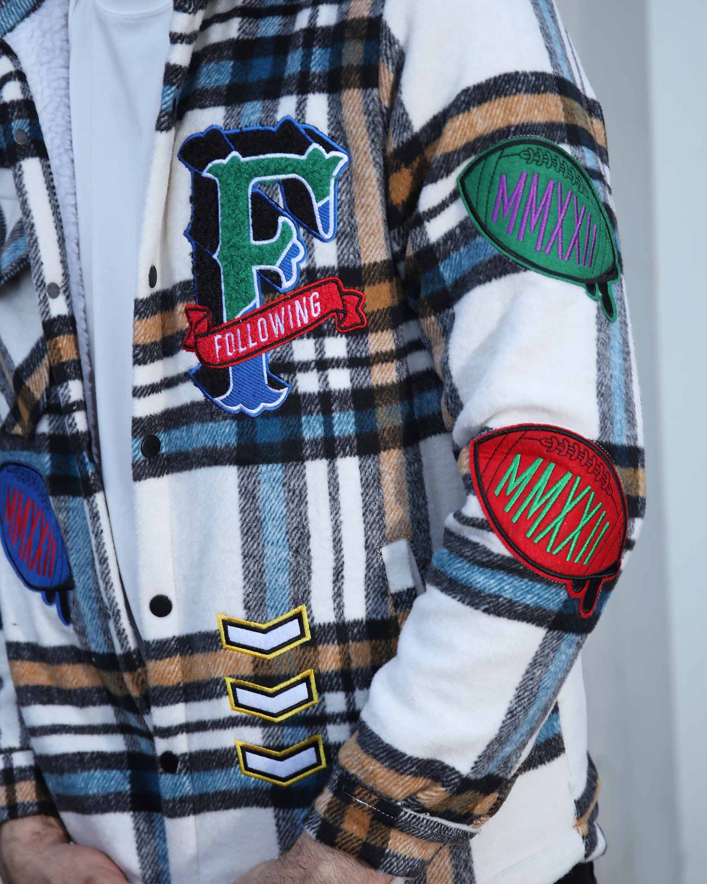 Logeqi checkered plaid moto jacket with colorful patches and stylish plaid design