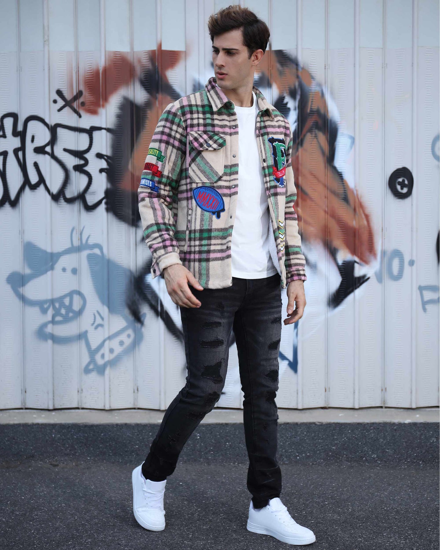 Stylish checkered plaid moto jacket from Logeqi with unique patches and vibrant colors
