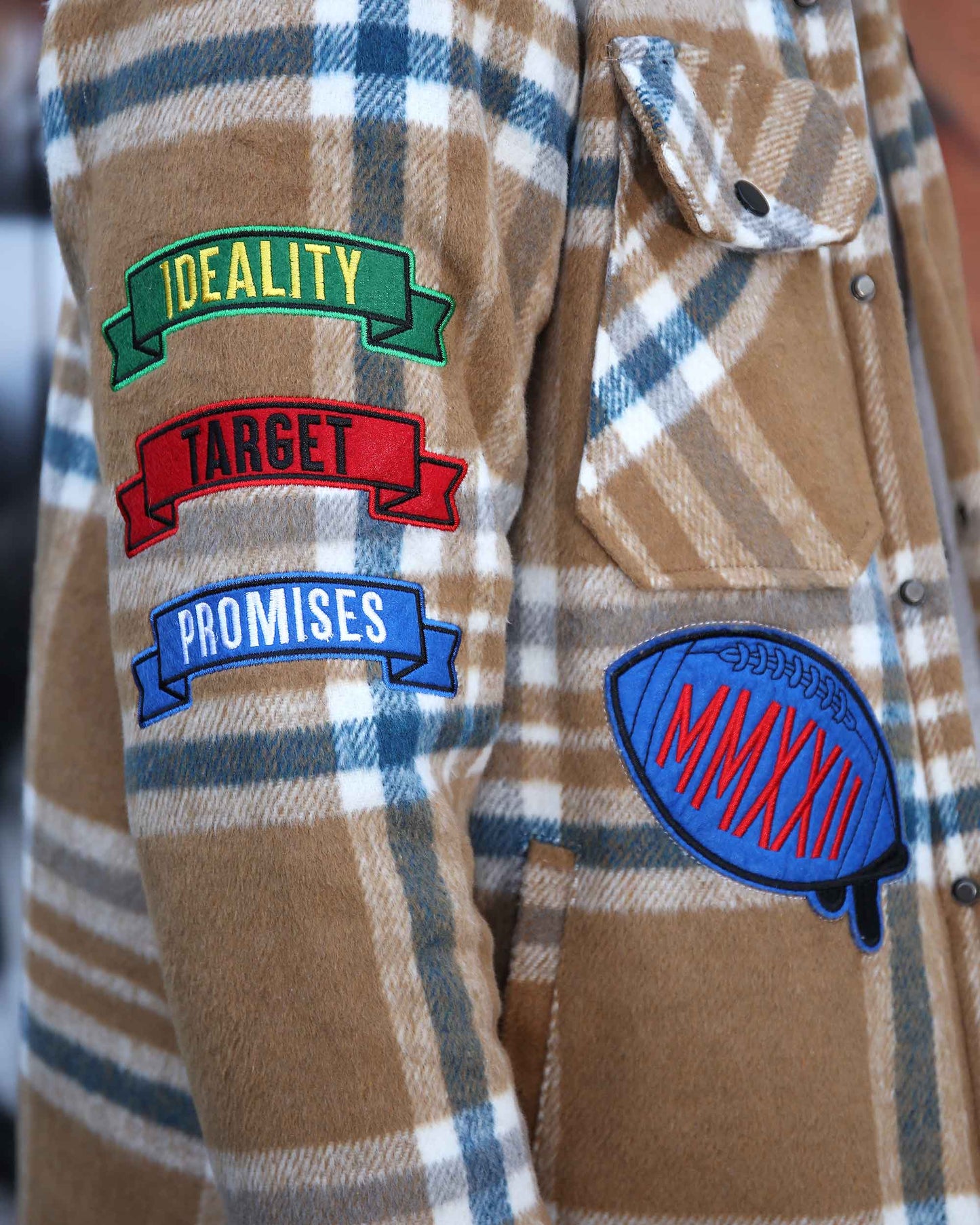 Logeqi checkered plaid moto jacket with colorful embroidered patches for a stylish look