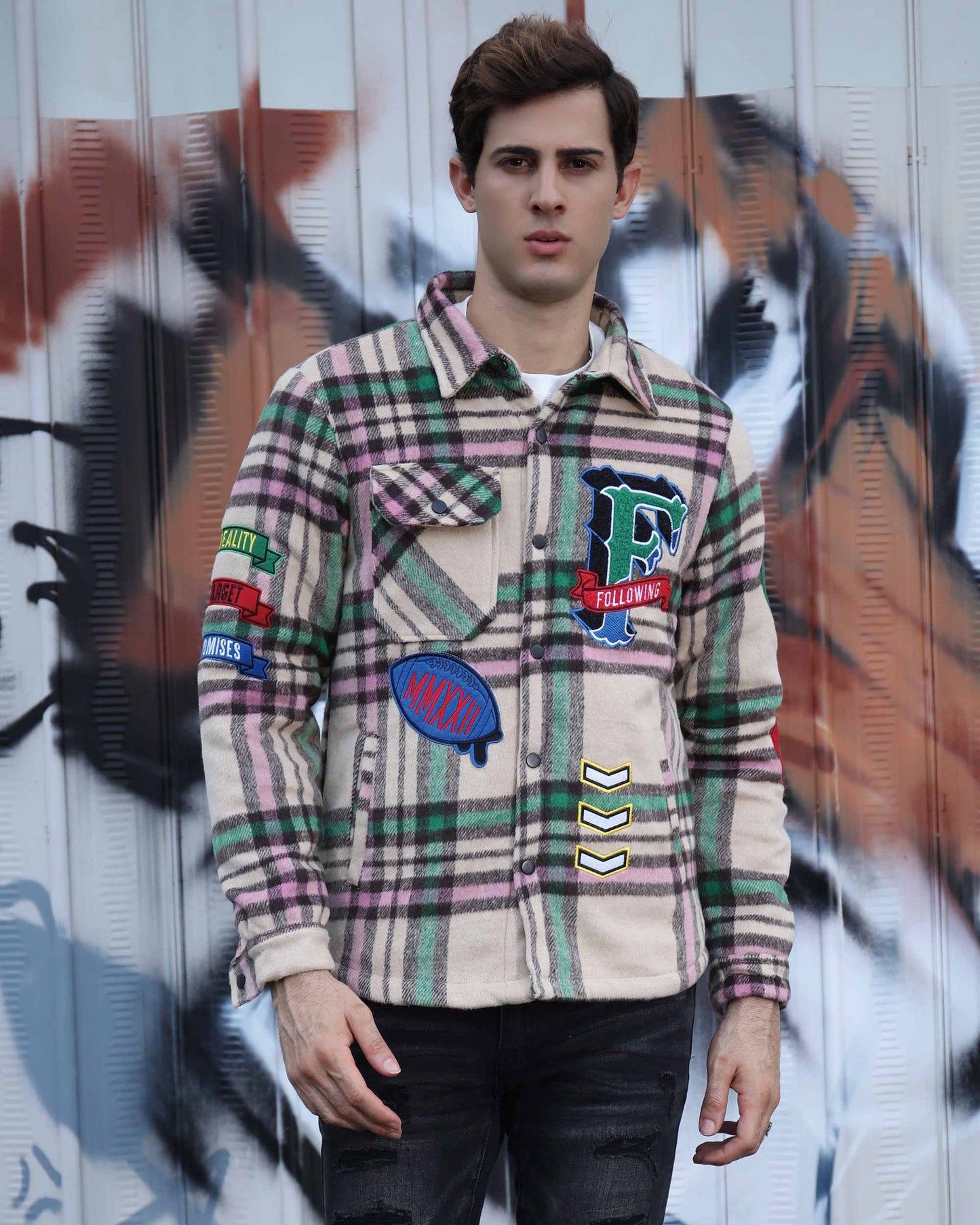 Logeqi checkered plaid moto jacket featuring colorful patches and a stylish design for casual wear