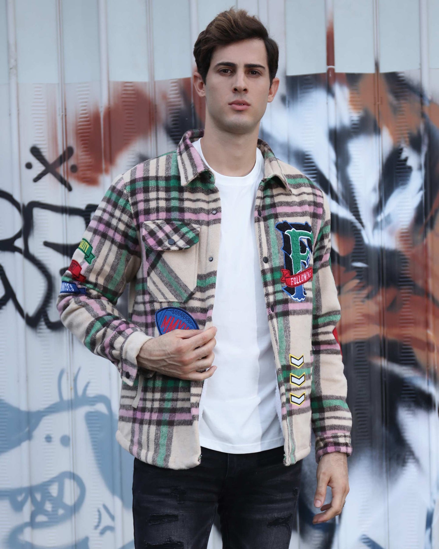 Logeqi checkered plaid moto jacket with colorful patches for a stylish casual look