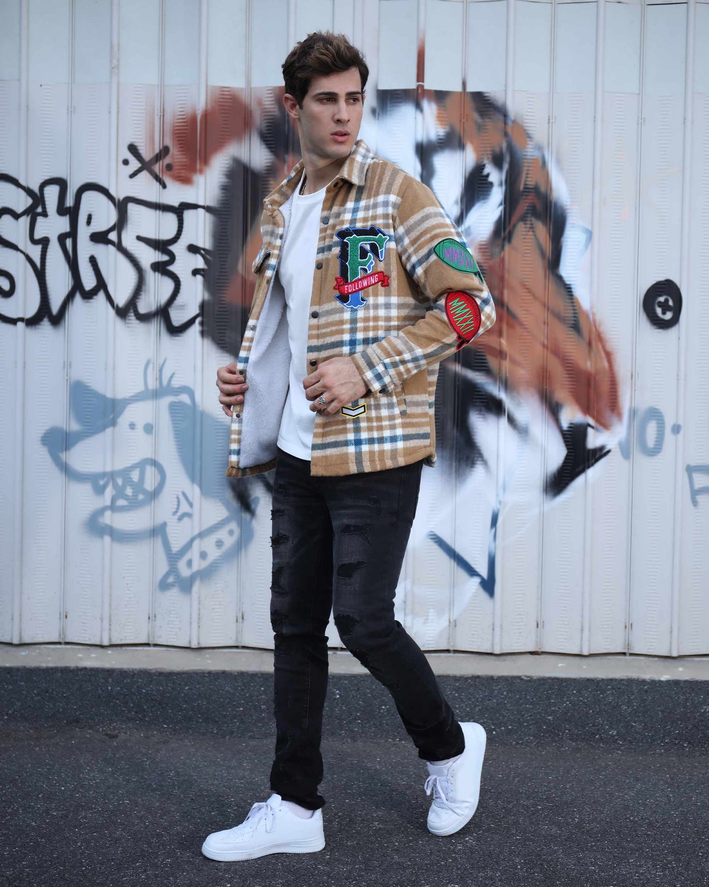 Logeqi checkered plaid moto jacket in brown with colorful patches for trendy style