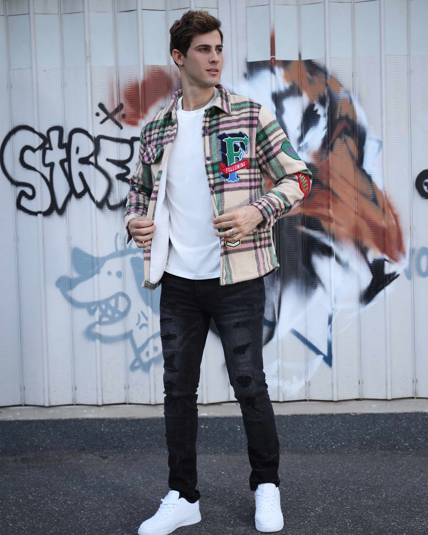 Logeqi checkered plaid moto jacket styled with a white t-shirt and black jeans for a trendy look