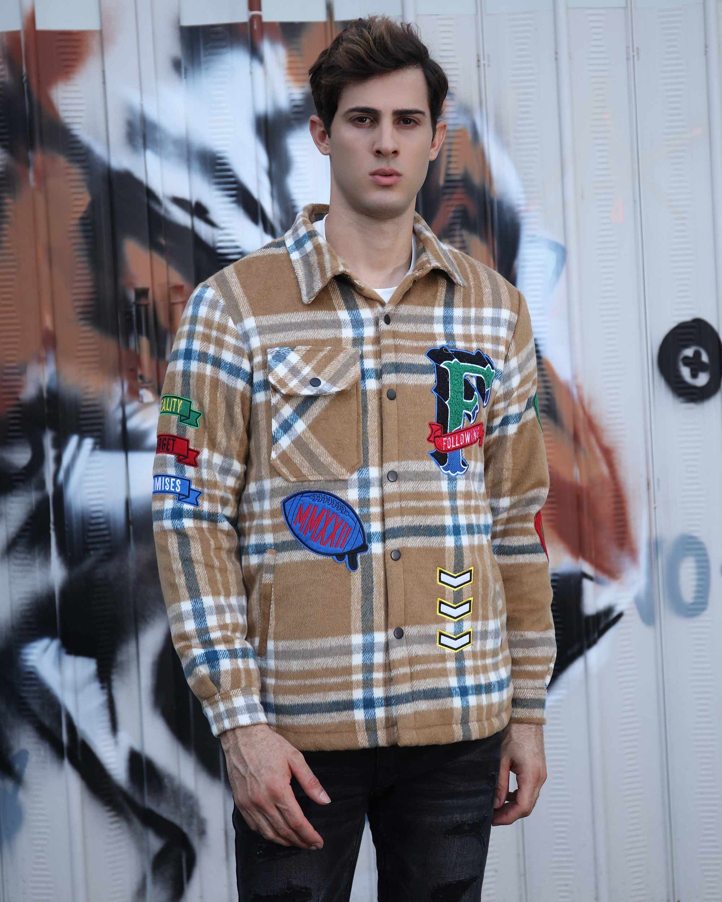 Logeqi checkered plaid moto jacket featuring bold patches and a stylish design for a modern look