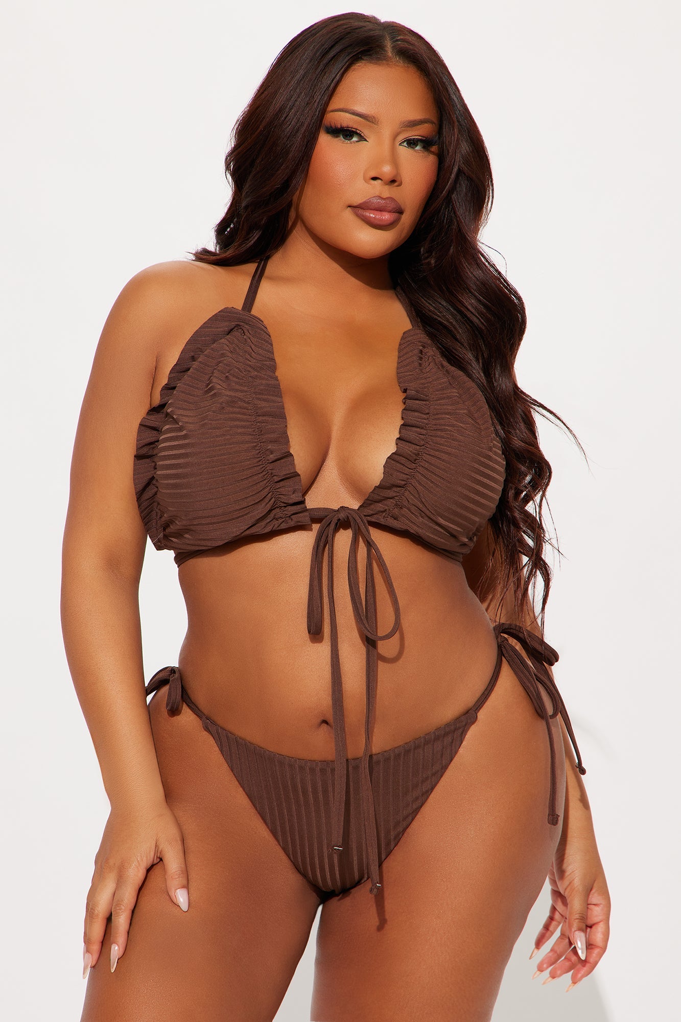 Nova chocolate ruched bikini set featuring a flattering halter top and adjustable side ties