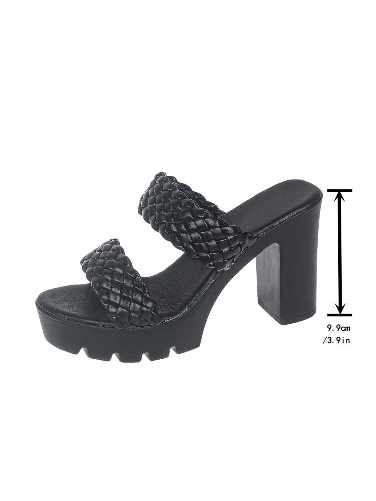 Wholesale7 black chunky heel slippers for women with braided straps and thick platform sole