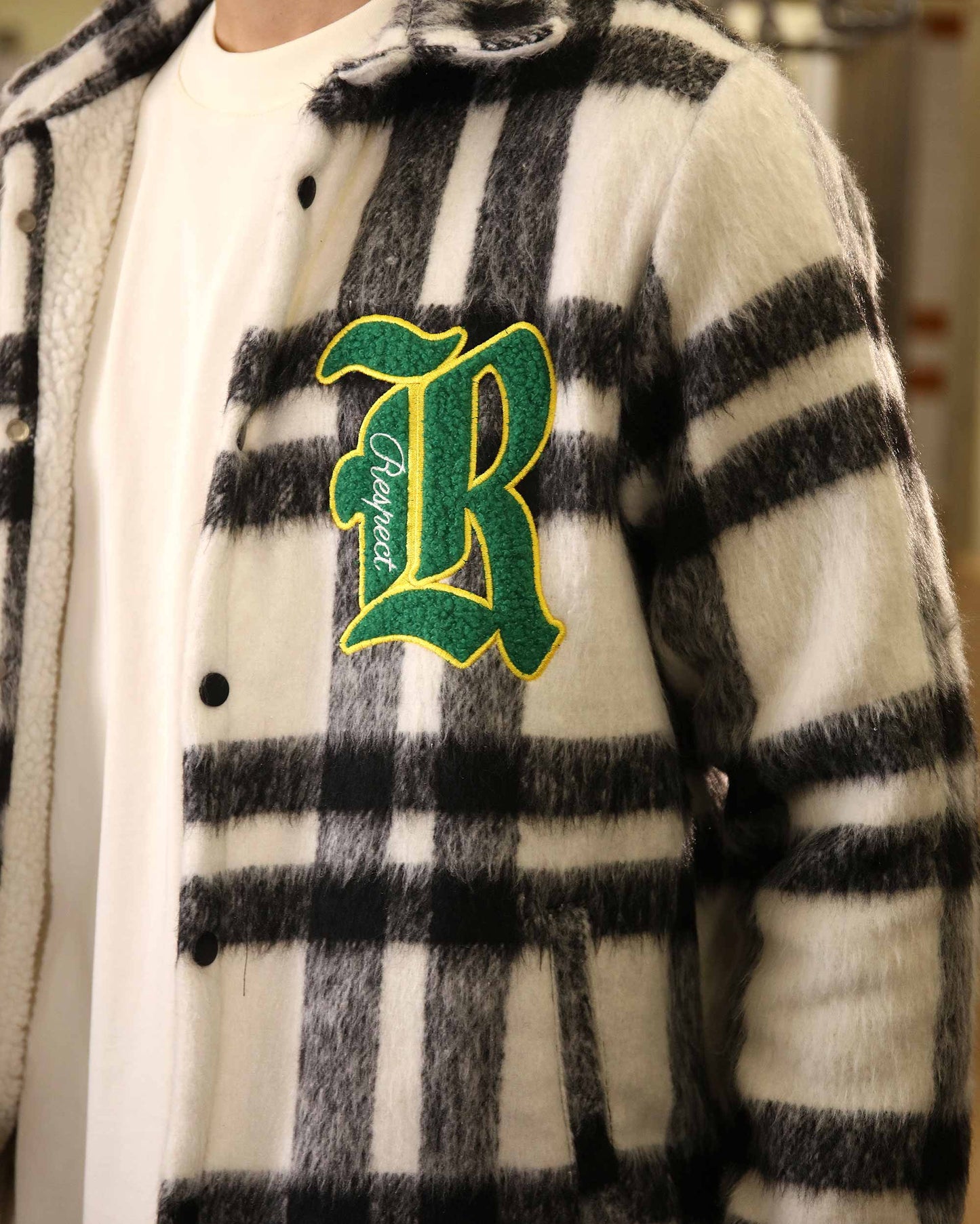 Logeqi classic plaid moto jacket in black and white with green embroidered R patch