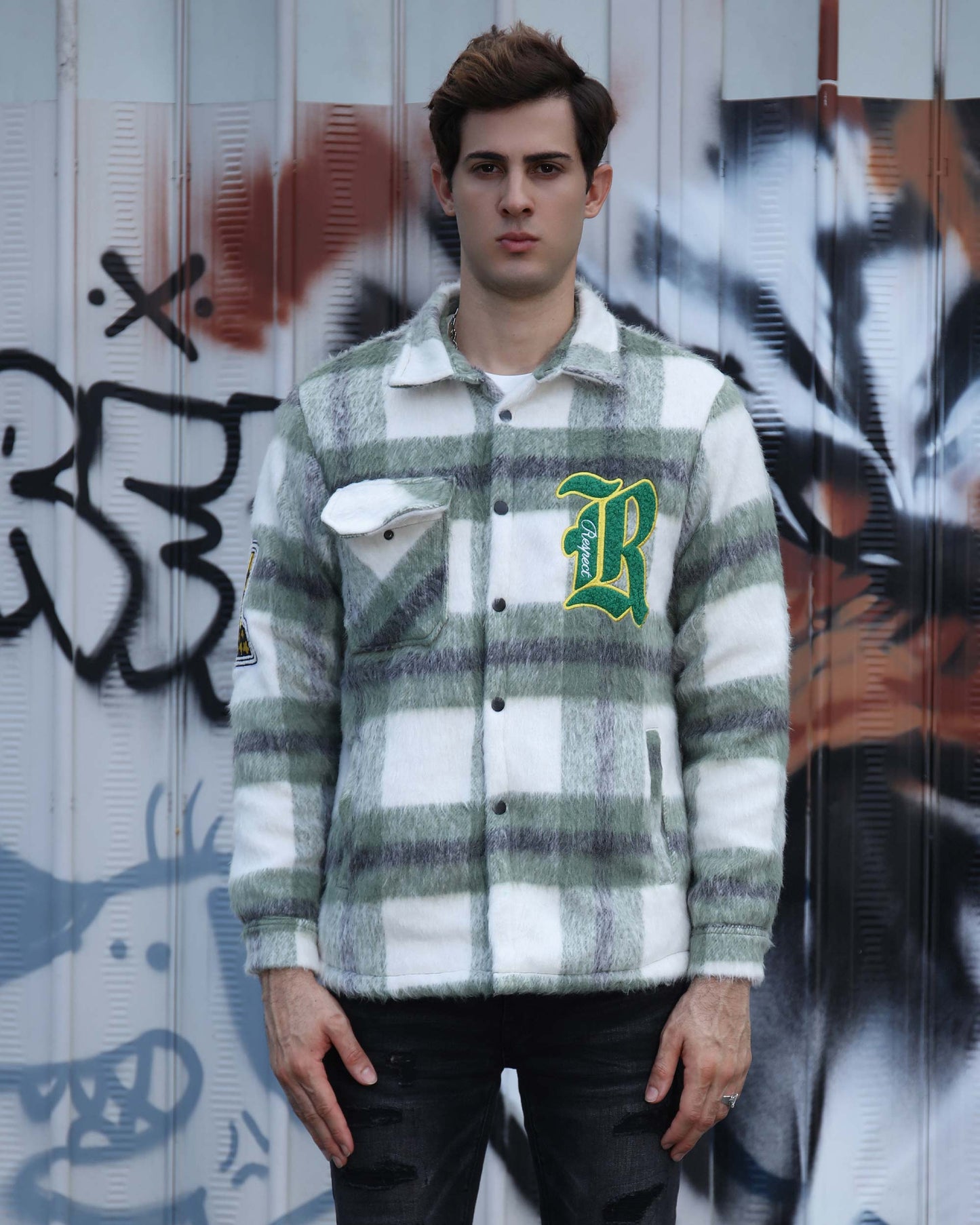 Men's classic plaid moto jacket by Logeqi with green and white checkered pattern and front chest pocket