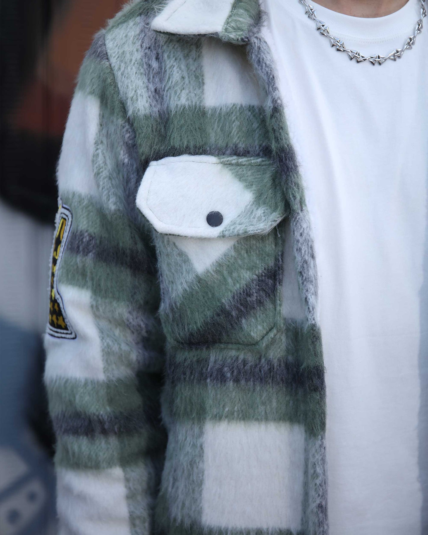 Logeqi classic plaid moto jacket in green and white fuzzy fabric with front flap pocket