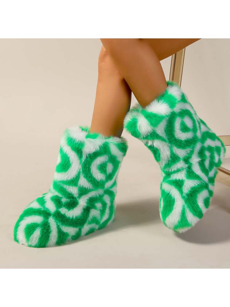 Wholesale7 color block plush boots in green and white soft fuzzy material for cozy wear