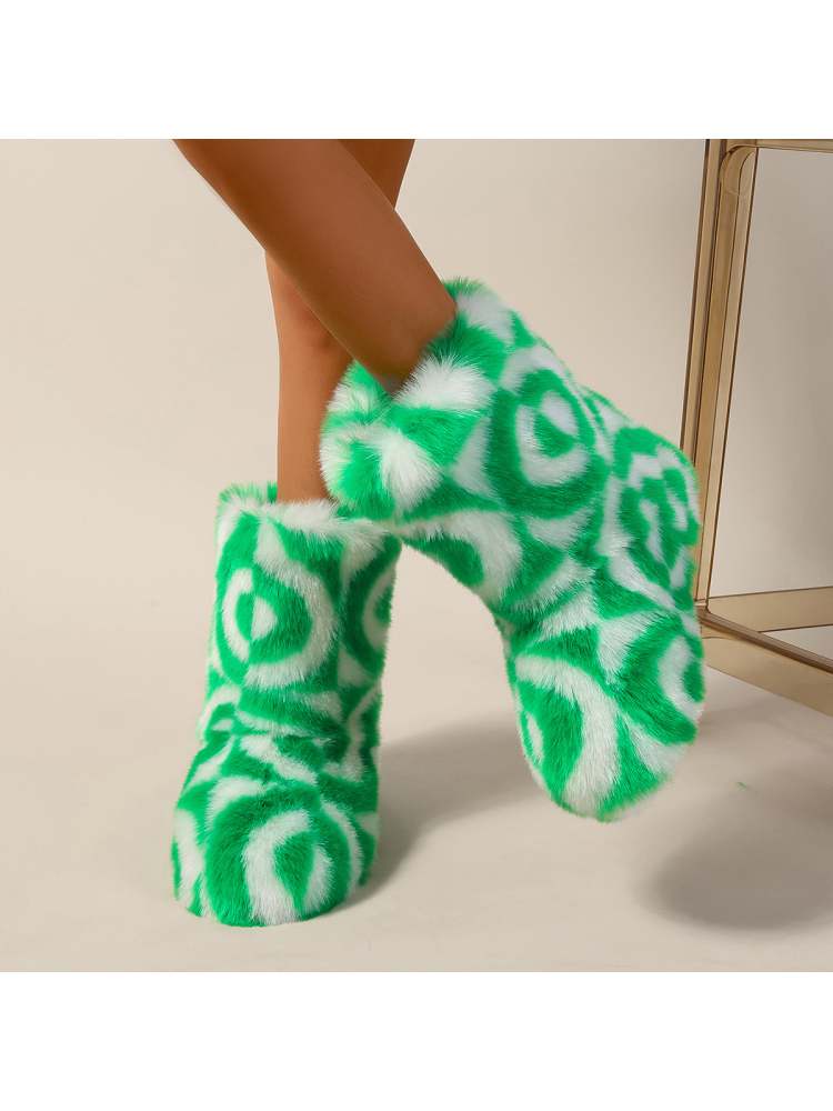 Wholesale7 color block plush boots in green and white fuzzy design for cozy wear