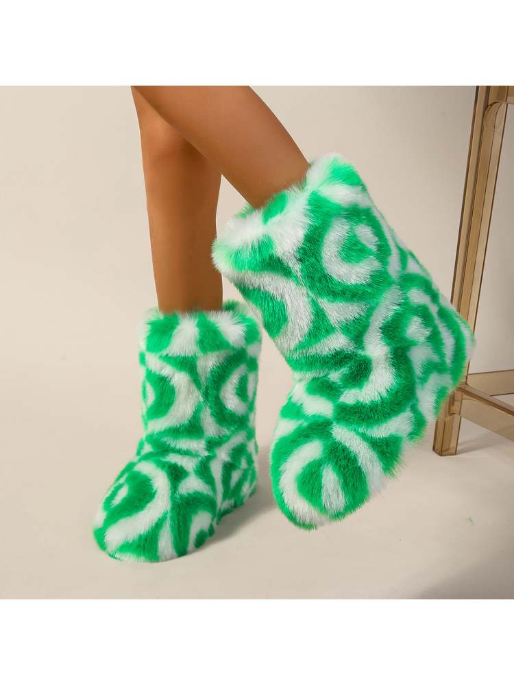 Wholesale7 green and white color block plush boots with soft fluffy texture for cozy wear