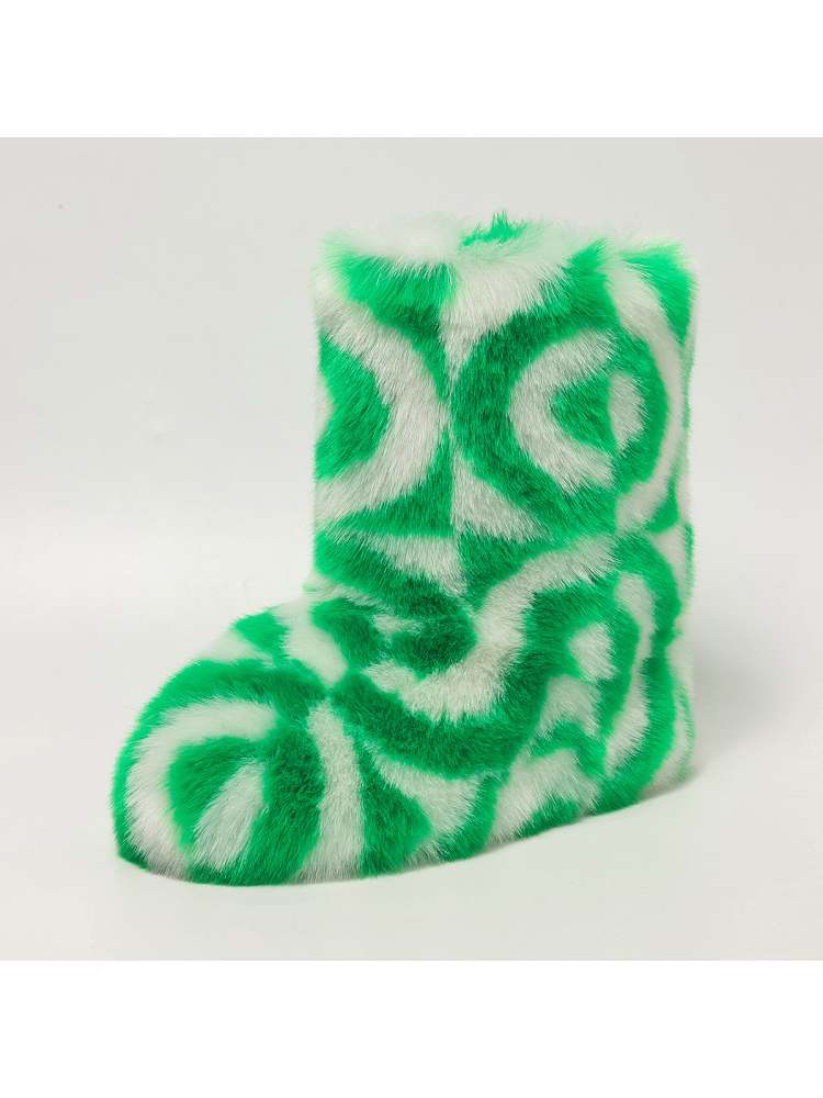 Wholesale7 green and white color block plush boots with a soft fuzzy texture for cozy wear