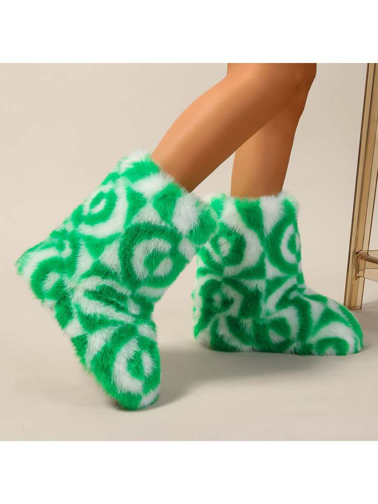Wholesale7 color block plush boots in green and white with spiral pattern and soft furry texture