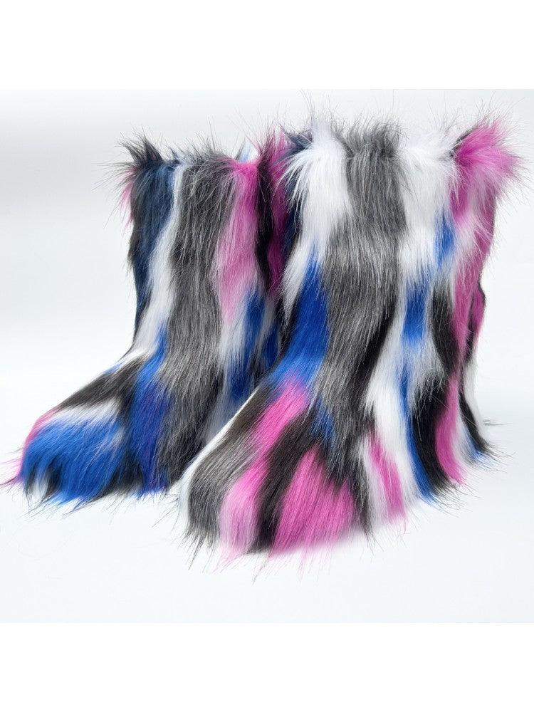 Wholesale7 colorblock faux fur boots with blue pink white and gray multicolor design