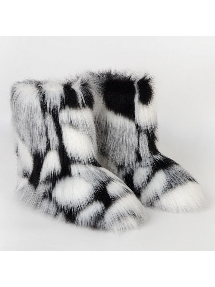Wholesale7 colorblock faux fur boots in black white for stylish winter warmth
