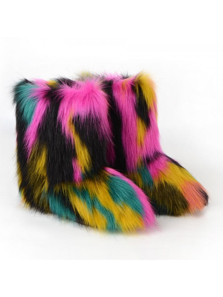 Wholesale7 colorblock faux fur boots with vibrant pink yellow black and teal design