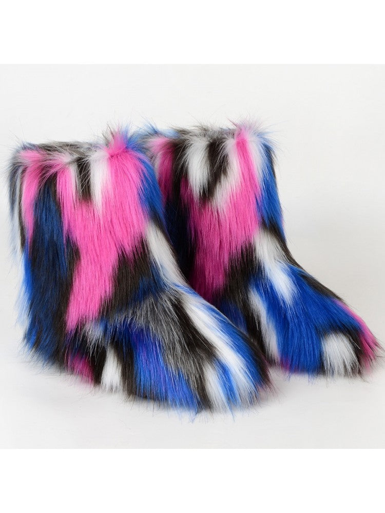 Wholesale7 colorblock faux fur boots in vibrant pink blue black and white colors