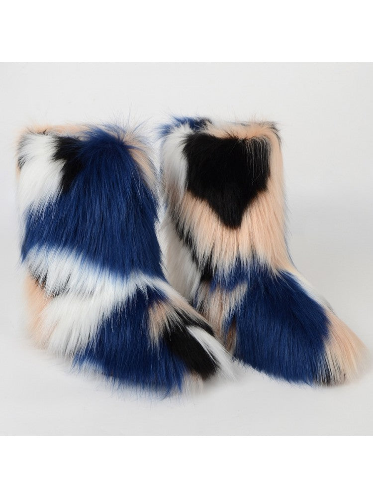 Wholesale7 colorblock faux fur boots featuring blue, black, white, and beige hues with plush texture