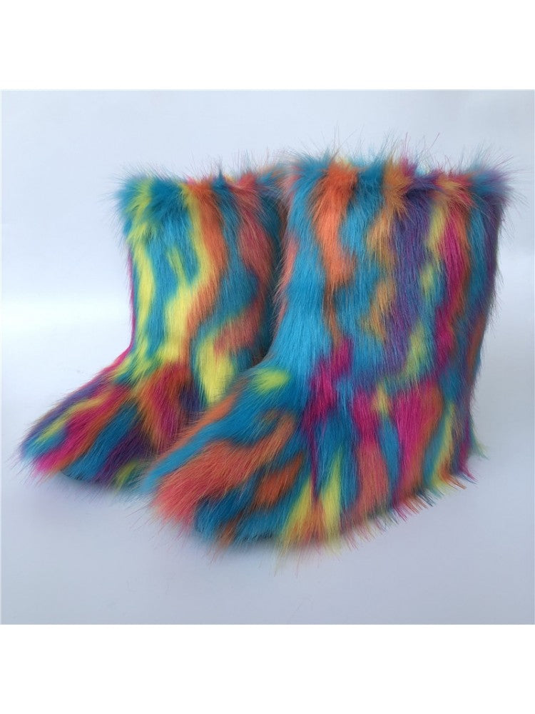 Wholesale7 colorblock faux fur boots with vibrant multicolor design and cozy plush texture