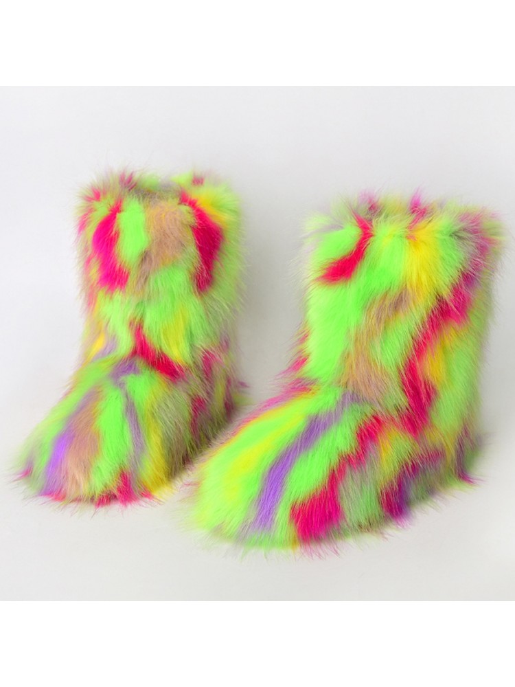 Wholesale7 colorblock faux fur boots in bright neon green pink and purple for bold winter style