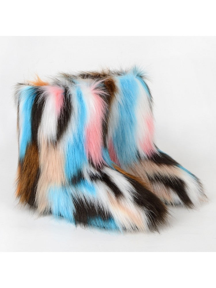 Wholesale7 colorblock faux fur boots with vibrant blue pink black and brown panels