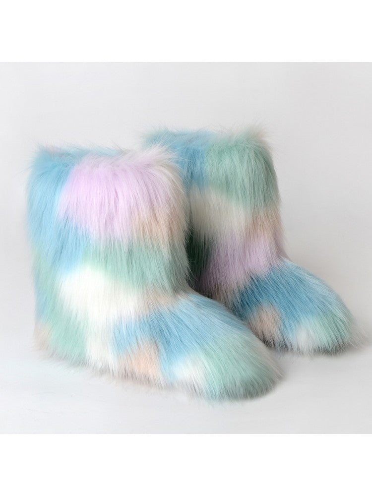 Wholesale7 colorblock faux fur boots in pastel shades with soft fluffy texture