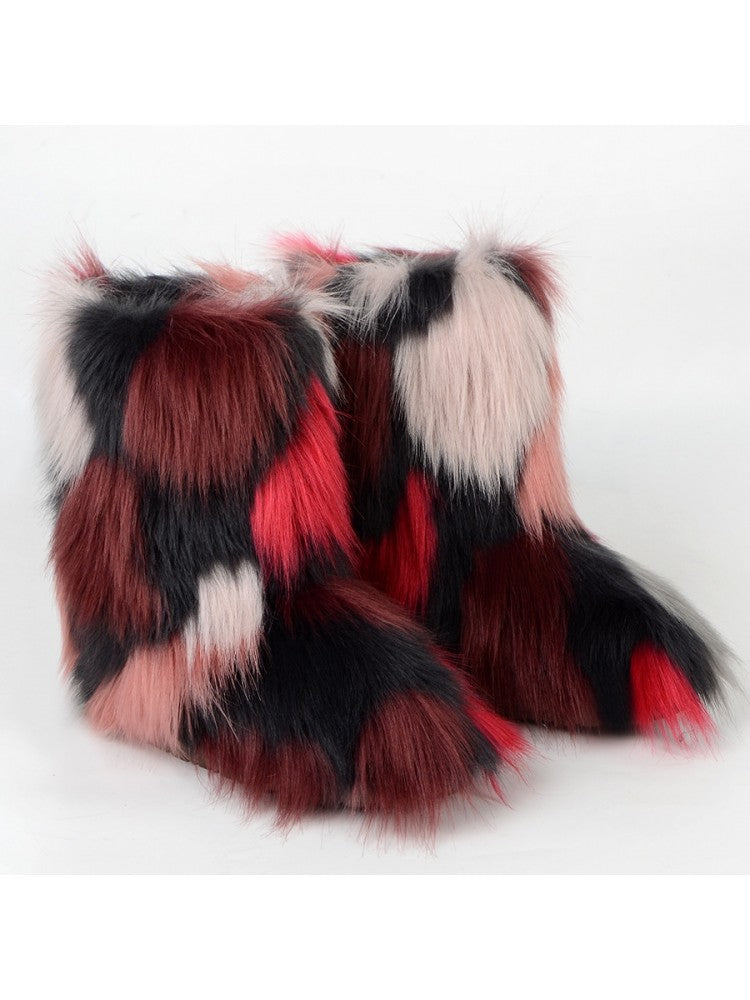 Wholesale7 colorblock faux fur boots in red black and pink with a soft plush texture