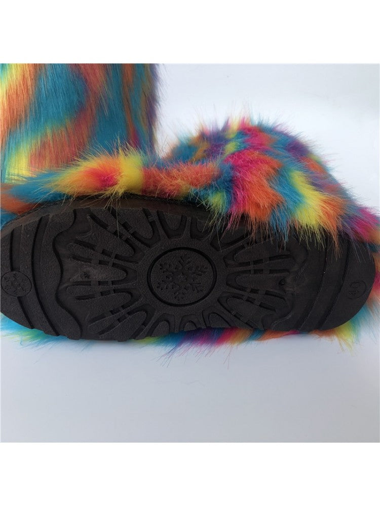 Wholesale7 colorblock faux fur boots with multicolor vibrant fur and black rubber sole
