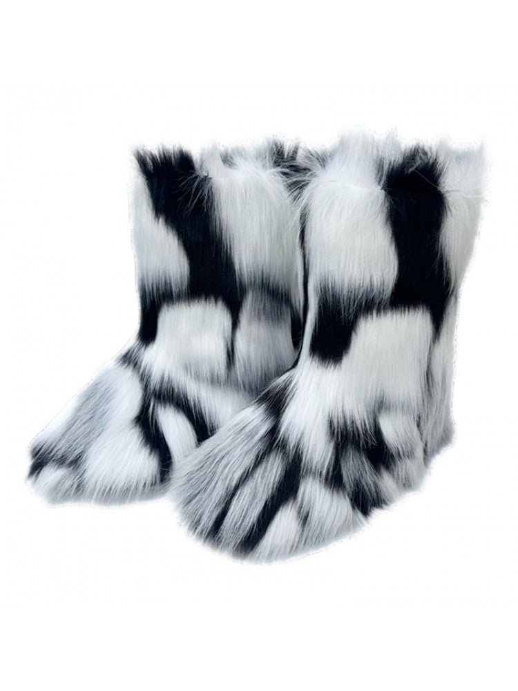 Wholesale7 colorblock faux fur boots in black and white with soft textured design