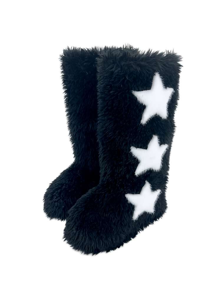 Wholesale7 black fuzzy laarzen with white star designs contrast color snow boots