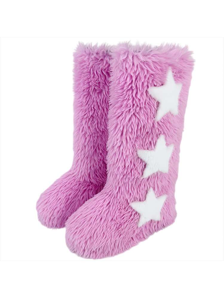 Wholesale7 pink fuzzy laarzen with white star accents contrast color snow boots