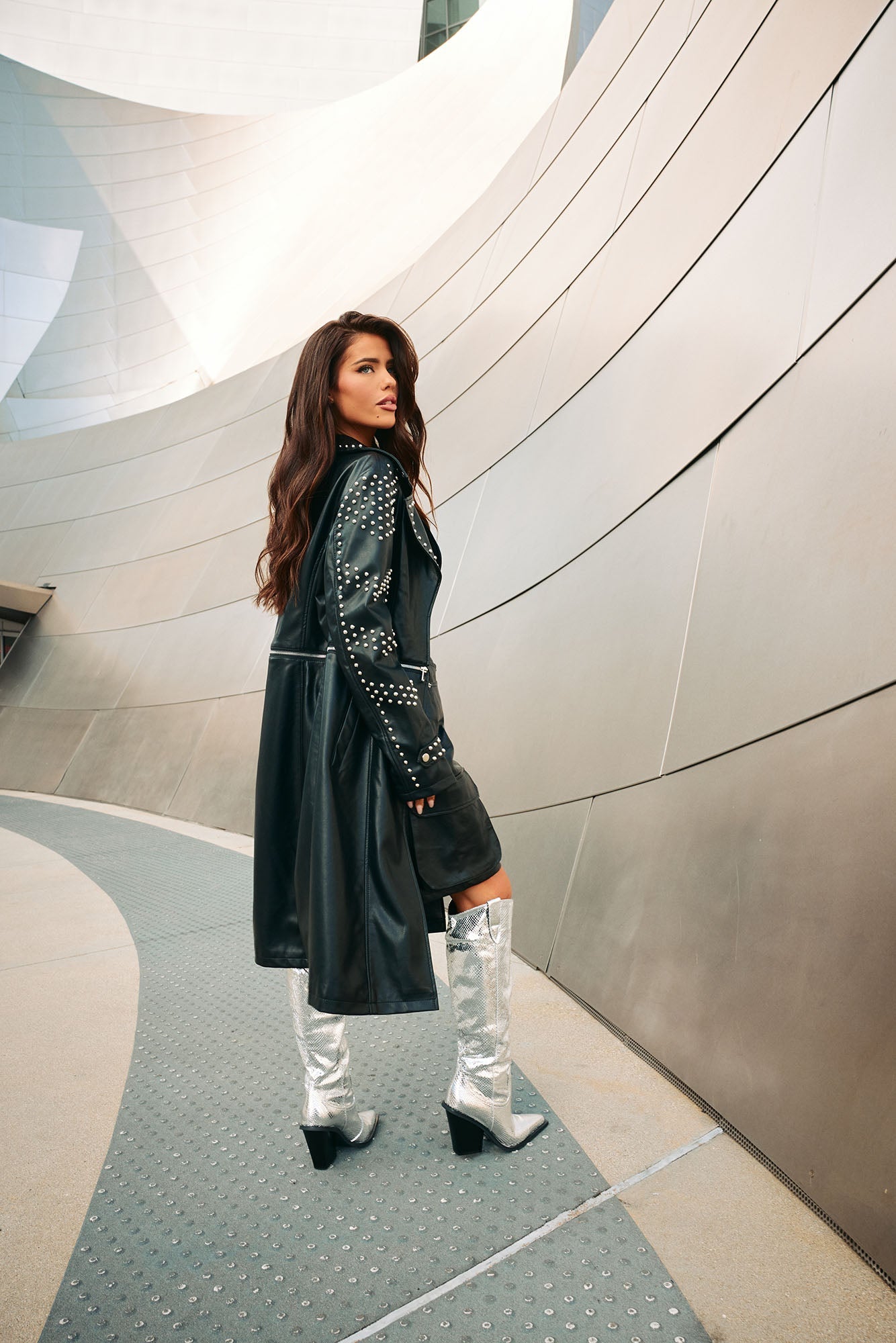 Fashion Nova convertible trench coat black with studded details, styled for a chic look