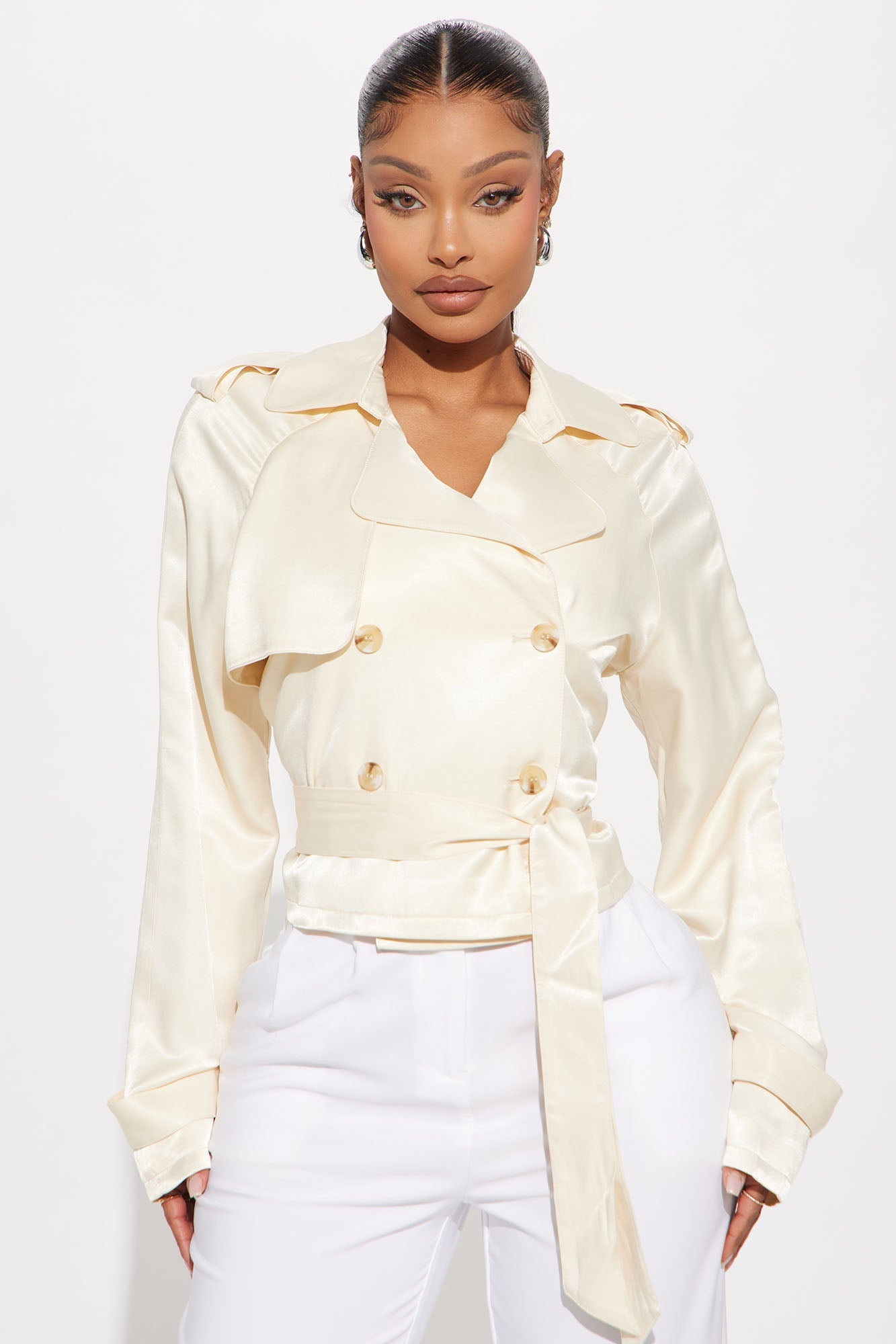 Fashion Nova cream satin cropped trench coat with double-breasted design and stylish belt detail
