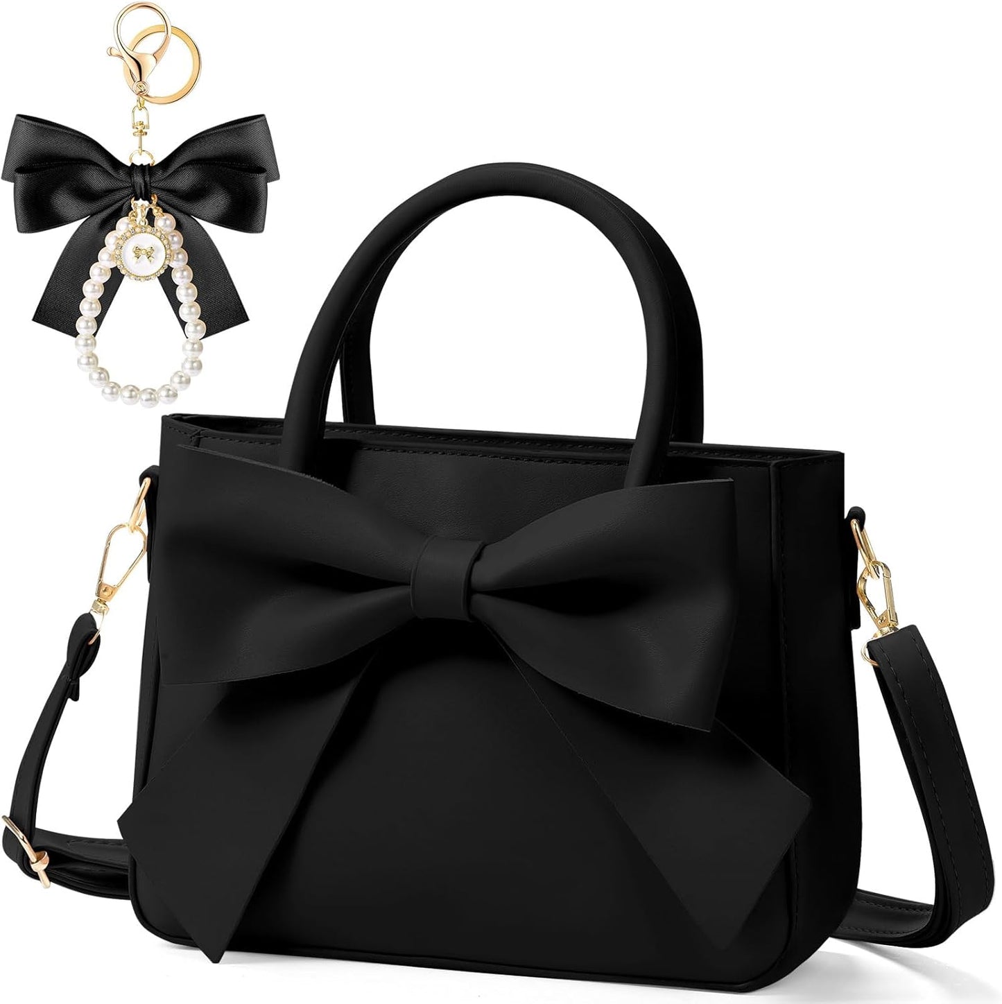 Black crossbody bag with large bow detail and matching keychain cute purses for women by Modan Online