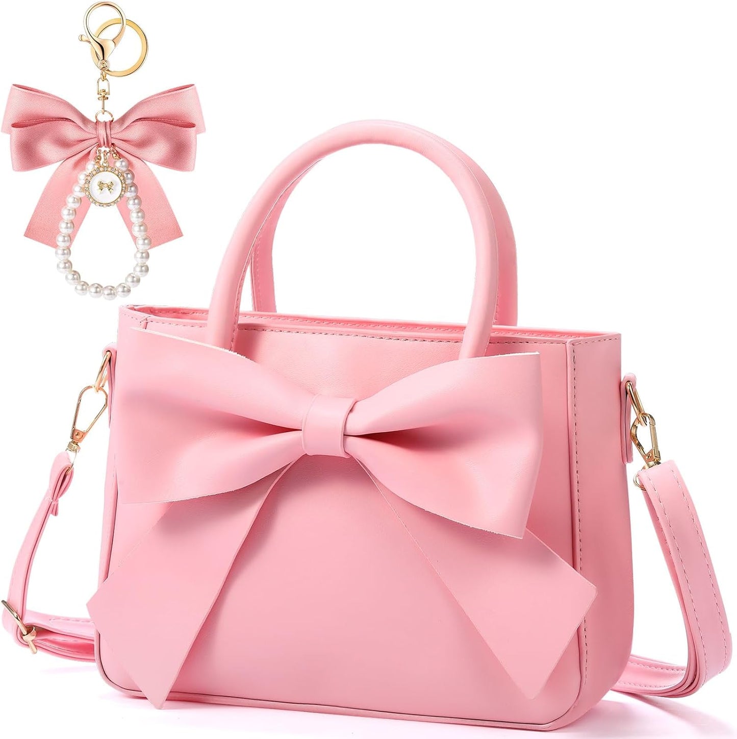 Pink crossbody bag with large bow and matching bow keychain, cute purses for women by Modan Online