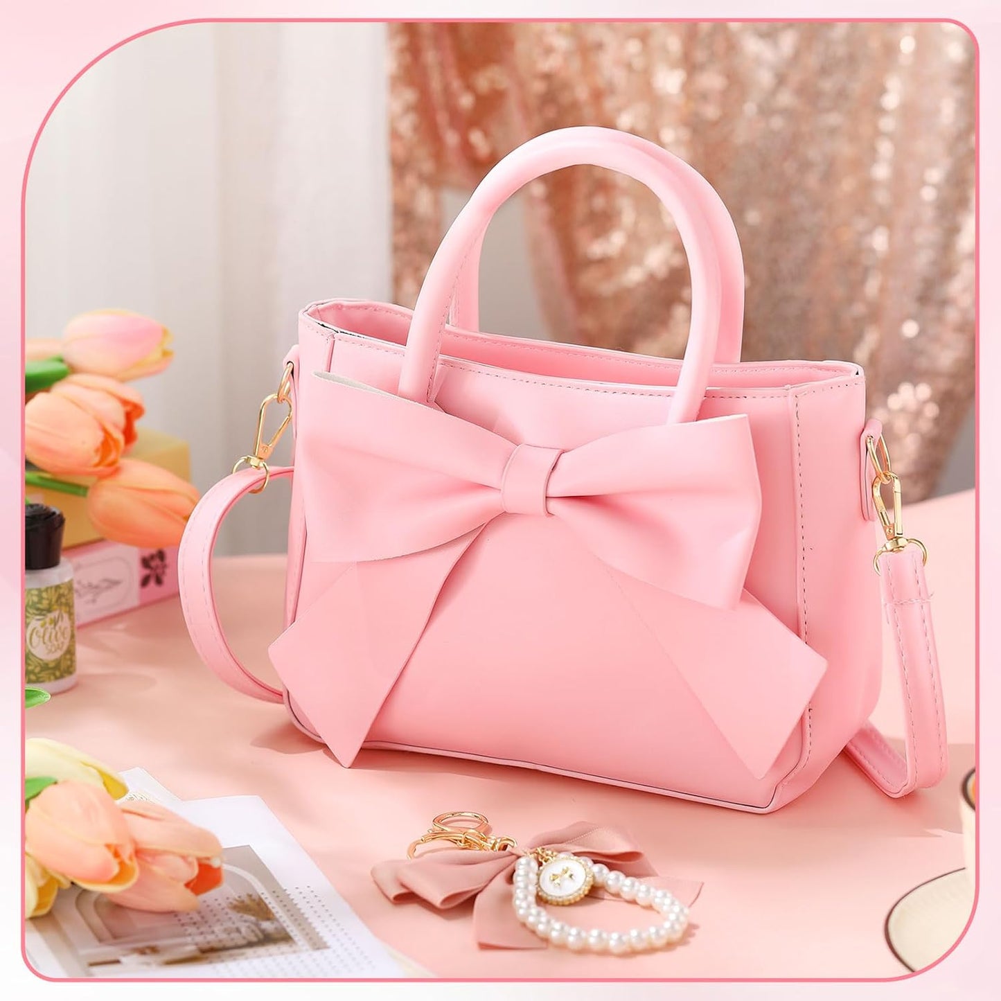 Pink crossbody bag with large bow accessory by Modan Online cute purses for women
