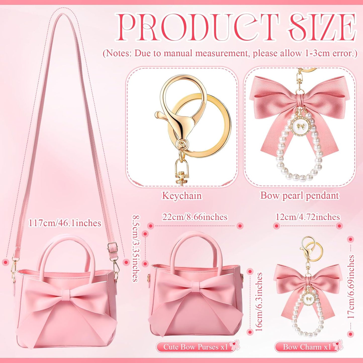 Modan Online pink crossbody bag with cute bow detail and matching keychain and bow pearl pendant, cute purses for women