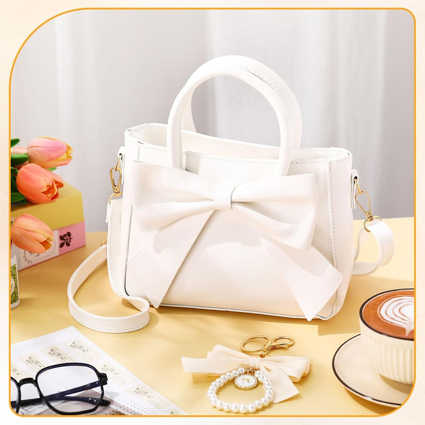 White Modan Online crossbody bag with large bow detail cute purses for women with adjustable strap