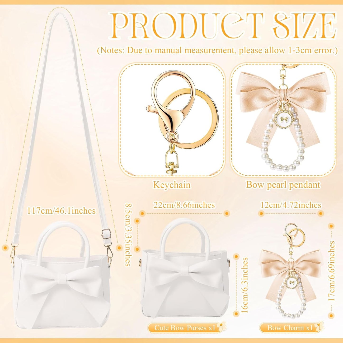 White crossbody bag with bow detail and matching bow pearl pendant keychain cute purses for women