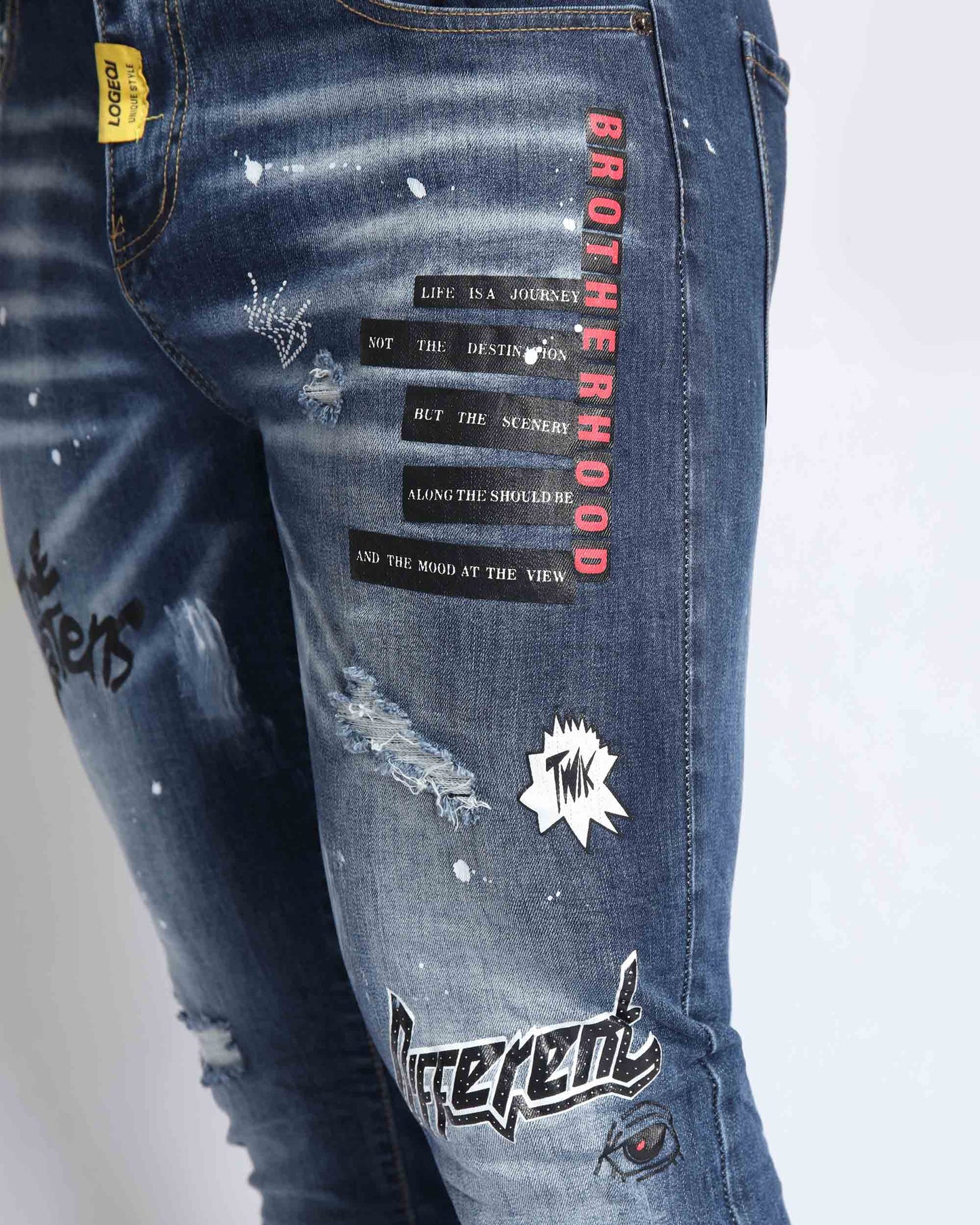 Logeqi dark blue graffiti jeans featuring unique prints and distressed details for a stylish look