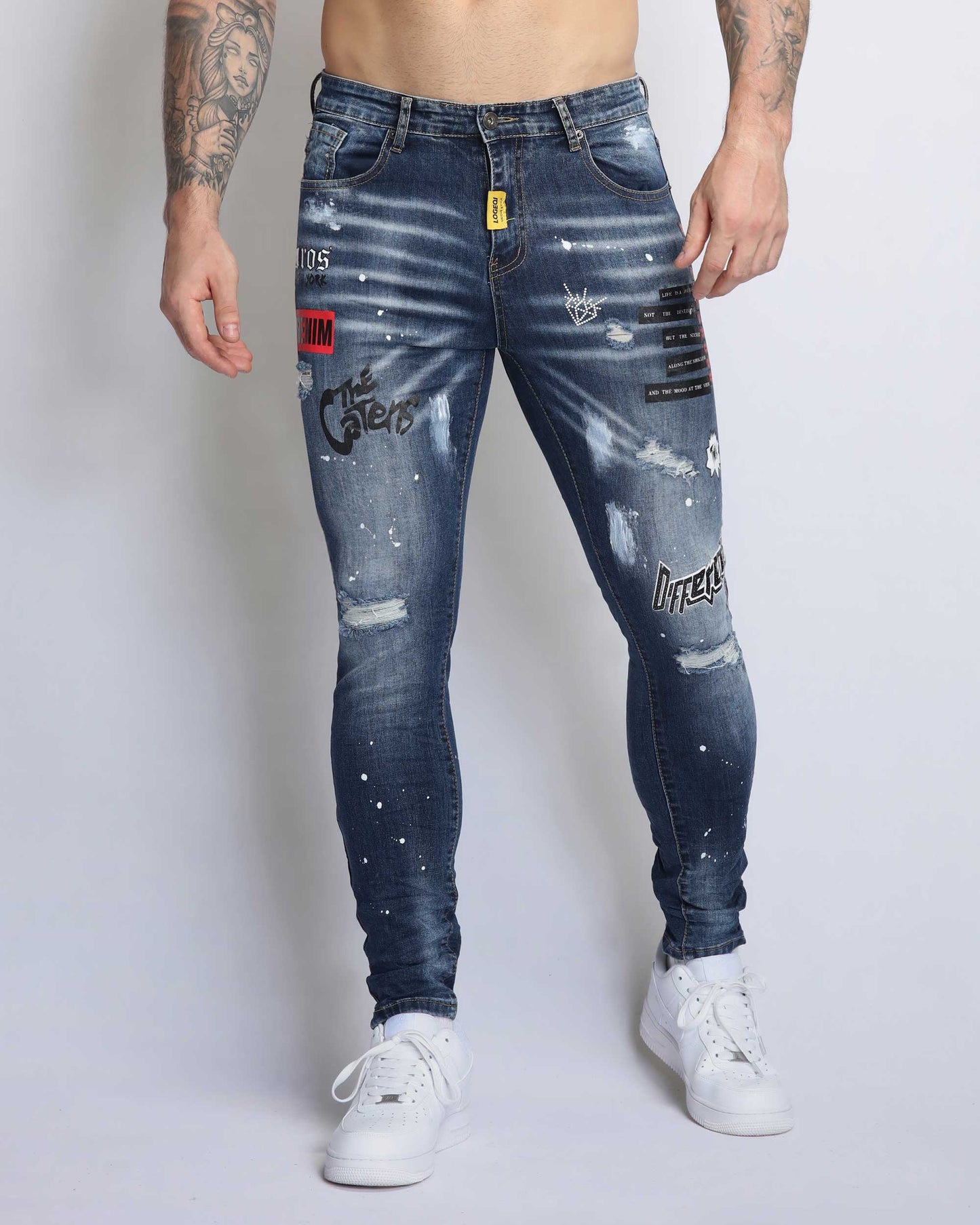 Logeqi dark blue graffiti jeans with stylish distressed details and a slim fit design