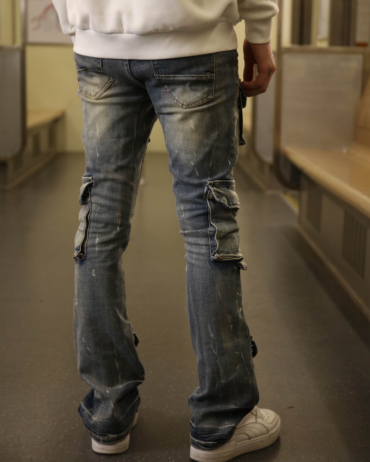 Logeqi dark wash cargo jeans featuring a distressed design and multiple pockets for casual styling