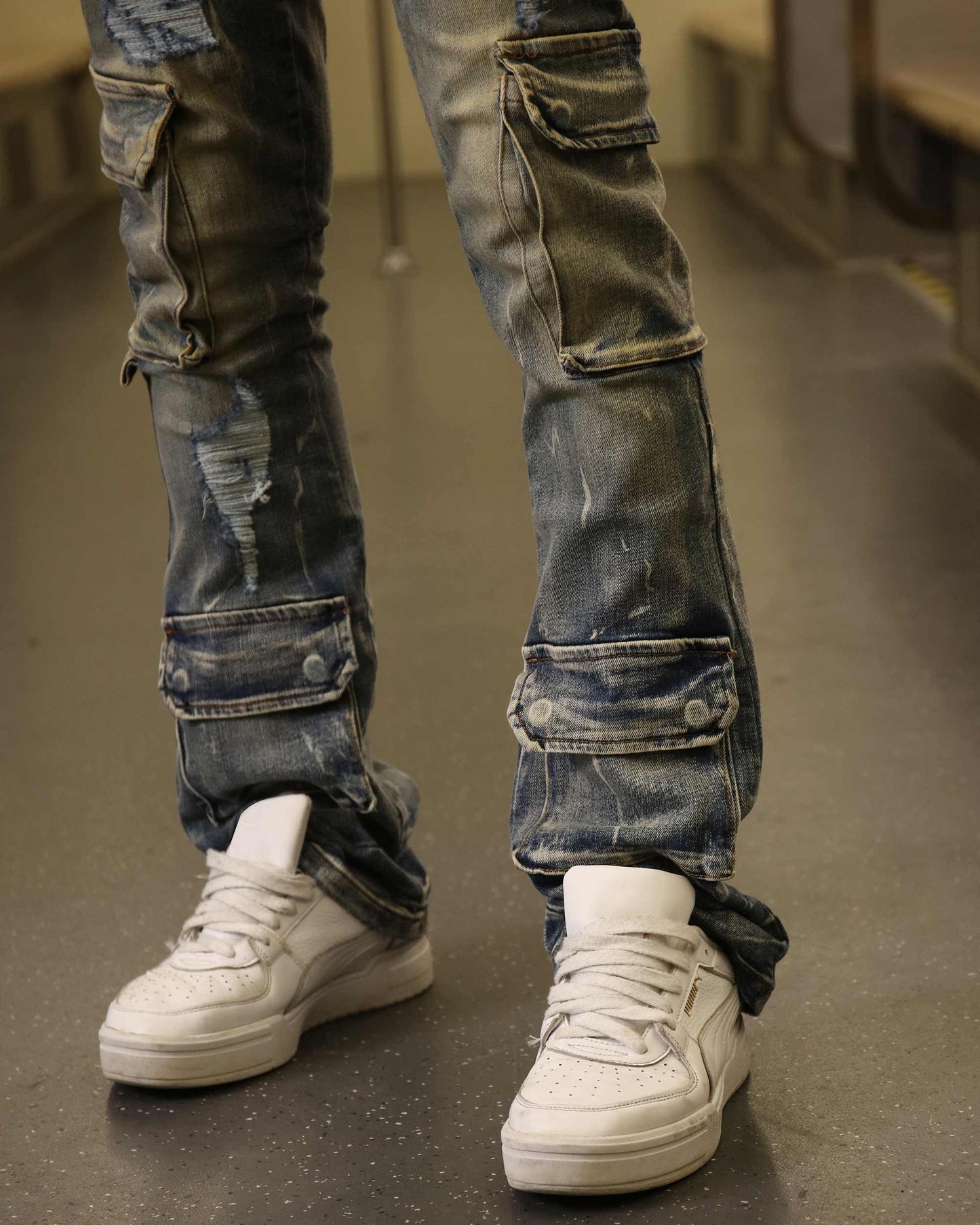 Logeqi dark wash cargo jeans featuring distressed details and a relaxed fit for casual style