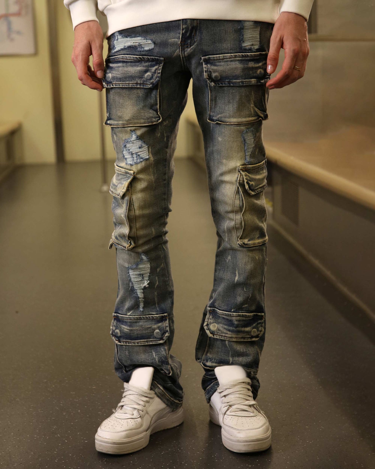 Logeqi dark wash cargo jeans with distressed detailing and multiple pockets for a stylish look